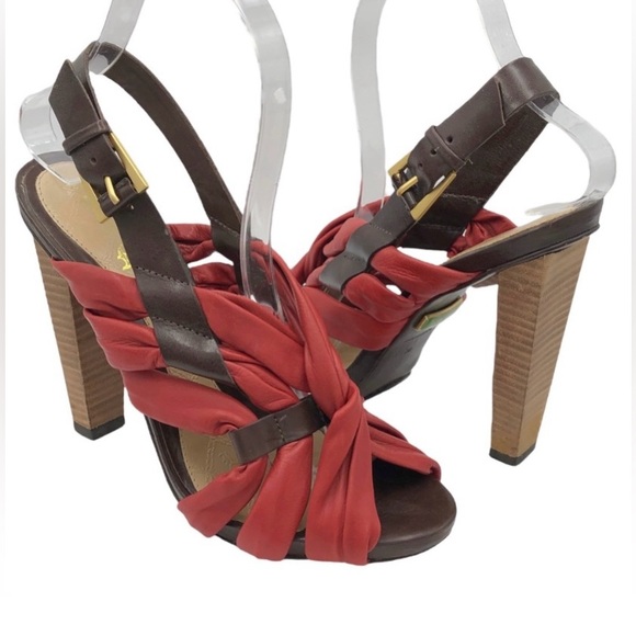 L.A.M.B Red Leather Twist Wood Stacked High Heels Women Size 7M red & brown - Picture 1 of 15